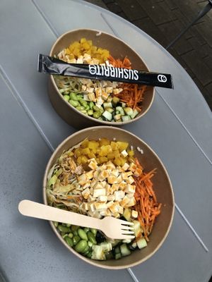 Our food in bowls, next time I’ll get a roll !  at Sushirrito in Belgrade