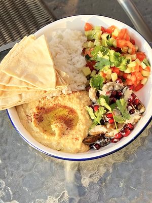 Israeli eggplant, hummus and pita, rice, Israeli salad at Hummus Kimchi in Yerevan