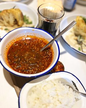 Awesome! Spicy vegan wild sorrel (aveluk) soup with kimchi and rice (❗️note: regular kimchi is not vegan, contains fish sauce, ask not to serve it, or don’t add it). Very hearty, really spicy! The taste reminded me Georgian Kharcho soup. Recommend! at Hummus Kimchi in Yerevan