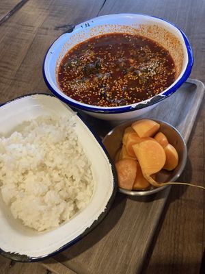 Spicy vegan soup (as kimchi is not vegan, they offered to swap for another)  at Hummus Kimchi in Yerevan