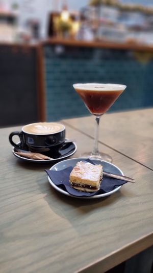 Black Market Espresso's Espresso Martini, Coffee with Oat, and Vegan Bakewell at Stockport Produce Hall in Manchester