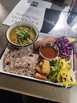 Split pea curry plate at Stockport Produce Hall in Manchester