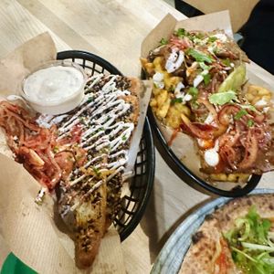 Waffle fries and vegan prawn toast  at Stockport Produce Hall in Manchester