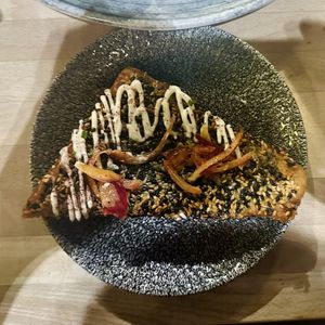 Vegan prawn toast - very oily!  at Stockport Produce Hall in Manchester