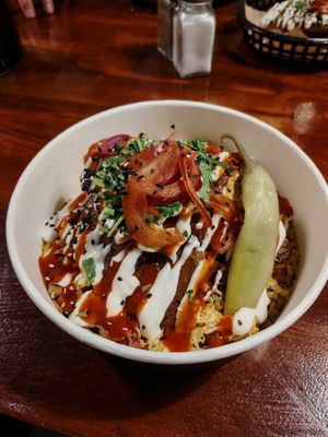 Kebab loaded rice at Stockport Produce Hall in Manchester
