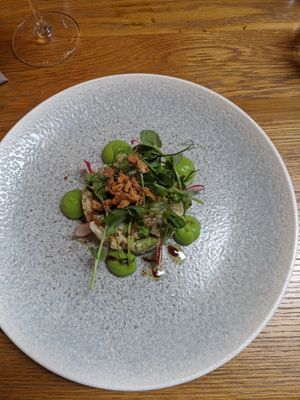Potato salad w pea puree at The Woodspeen in Newbury