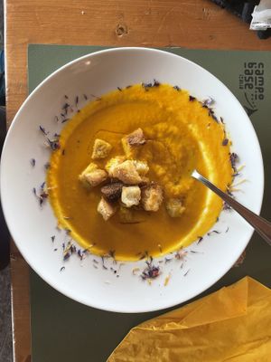 Carrot and ginger soup with croutons   at Rifugio Campo Base in Ayas