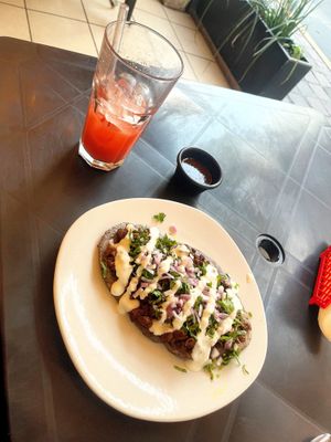 Huaraches with agua del día (watermelon)  at L'ol-lin Vegan in Guadalajara