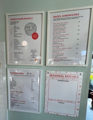 Menu as of February 2025. Note the vegan spread and some sandwiches such as “The Millennial Pete”.  at Pete's Bagels in St Petersburg