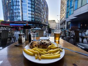 The view with my food and beer at Mamuska in South East London