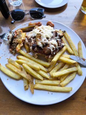 Vegan Kotlet tower (VG cheese), and chips at Mamuska in South East London