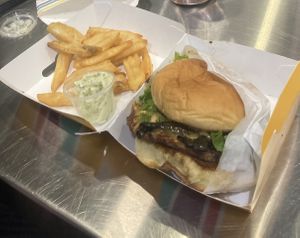 Chzburger w added mushroom bacn with cacio e pepe fries (at least ordered those, think they may have given just normal fries- still good tho)  at PLNT Burger in Boston