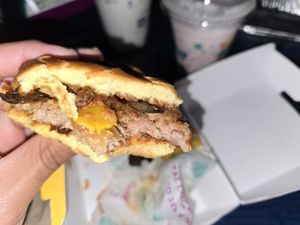 BBQ mushroom burger with shake in the background at PLNT Burger in Boston