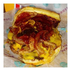 BBQ Mushroom Bacon Burger (top bun removed) at PLNT Burger in Boston