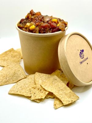 GF Vegan Quinoa Chili is back and served with chips for a limited time at Blendabowl Cafe in Pasadena
