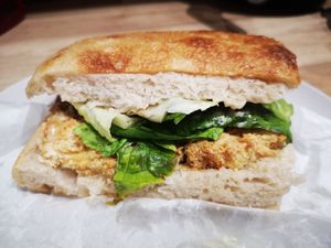 Breaded Tofu Focaccia Sandwich at Beaten by a Whisker in London