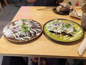 Enfrijoladas (left) and enchiladas (right) at Pali Pali Alameda in Mexico City
