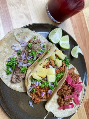 Assorted tacos and beet juice  at Pali Pali Alameda in Mexico City