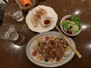 grilled soy meat on top  at T's Restaurant in Tokyo