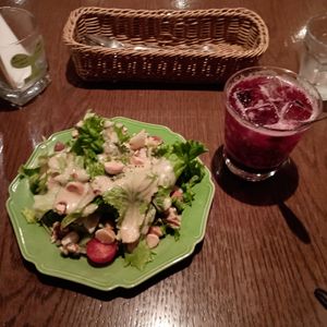 Fantastic creamy nutty vegan salad and blueberry soda at T's Restaurant in Tokyo