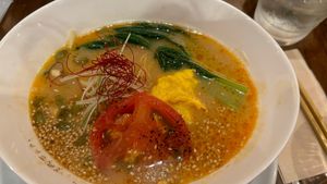 Tan tan noodle soup with vegan egg  at T's Restaurant in Tokyo