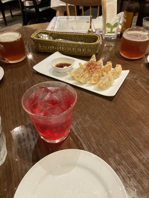 Plum cocktail and gyoza  at T's Restaurant in Tokyo