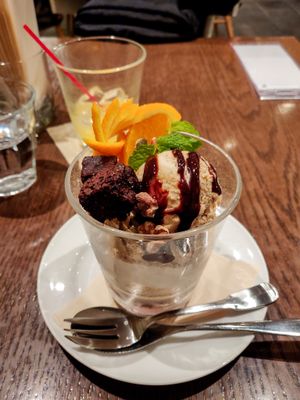 Chocolate brownie parfait. Nice texture and flavor of ice cream and brownie. at T's Restaurant in Tokyo