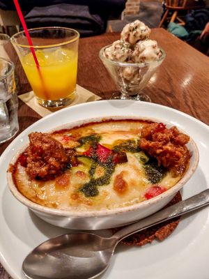 Fried chick’un with baked soy white cheese sauce rice. The sauce is SO creamy and cheesy. And the fried chick'un is very delicious as well! at T's Restaurant in Tokyo