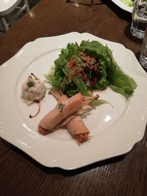 Vegan ham wrapped around mushroom, some kind of mush and a salad at T's Restaurant in Tokyo