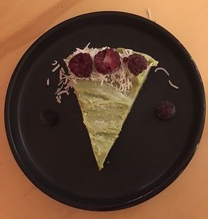Avocado-lime pie. Order at the start so it has time to thaw, as it is preserved frozen.  at Coral Vegan Pizza in Playa Del Carmen