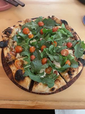 Amazing pizza with almond based cheese  at Coral Vegan Pizza in Playa Del Carmen