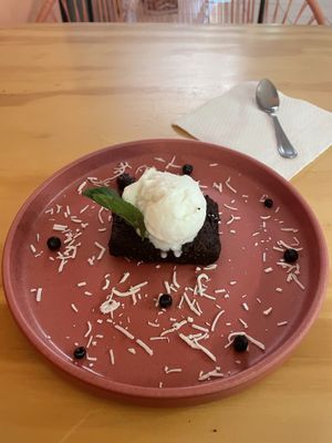 Brownie and coconut ice cream  at Coral Vegan Pizza in Playa Del Carmen