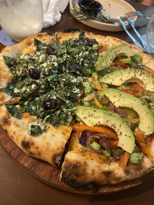 A 50/50 of Mangroovy of the left and The Reef on the right  at Coral Vegan Pizza in Playa Del Carmen