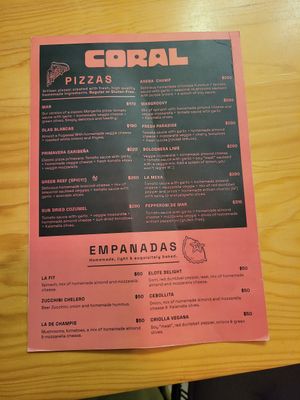 Menu Dec 2023 at Coral Vegan Pizza in Playa Del Carmen