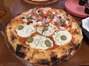 Half "Mar", half "La Mexa".  at Coral Vegan Pizza in Playa Del Carmen