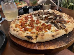 Tulum and bolognesa pizza  at Coral Vegan Pizza in Playa Del Carmen