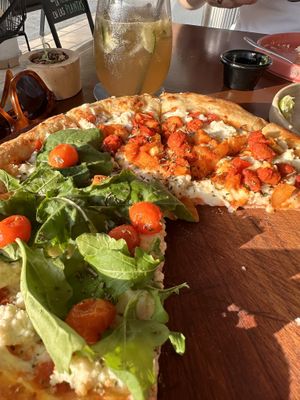Fresh Paradise on left, Bolognese Lime on the right.   at Coral Vegan Pizza in Playa Del Carmen