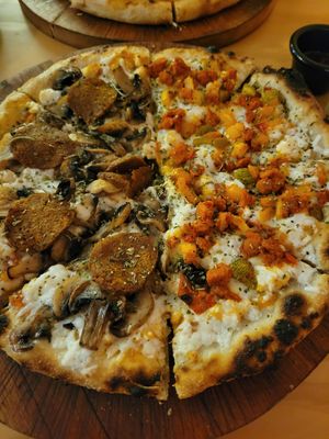 1/2 Bolognese 1/2 Tulum at Coral Vegan Pizza in Playa Del Carmen