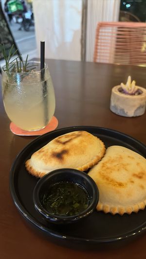 Empanadas and sparkling lemonade   at Coral Vegan Pizza in Playa Del Carmen