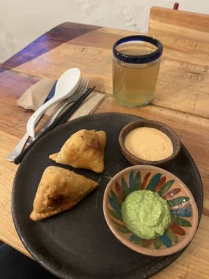 Samosas with two dipping sauces   at Viriditas Cocina Vegana in Oaxaca