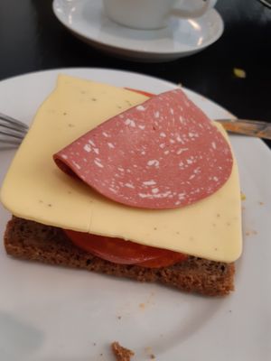 Vegan open sandwich with vegetables, vegan cheese and delimeat at Funkhaus in Cologne