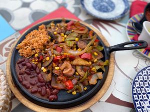 Vegan fajita skillet at La Tabernita Mexicana in Corfu