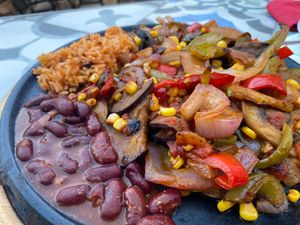 Vegan fajita skillet at La Tabernita Mexicana in Corfu