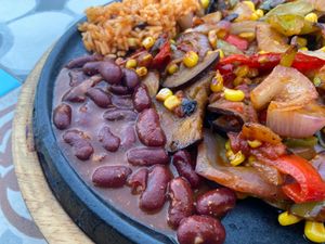 Vegan fajita skillet at La Tabernita Mexicana in Corfu