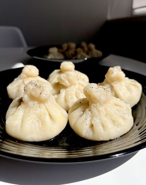 Vegan khinkali by Kolibri. Filling with seitan, spiсes, greens, seaweed. at Kolibri in Yerevan