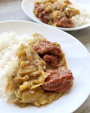 I stewed classic seitan Kolibri with onion, zucchini slices, nooch mix, barbeque sauce and wasabi  at Kolibri in Yerevan