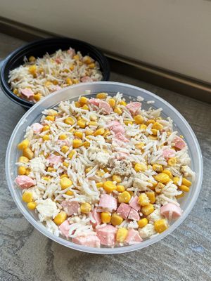 Made veganized version of traditional Russian "Crabovy" salad for New Year Eve, as an "egg" part used smoked tofu by Kolibri at Kolibri in Yerevan