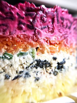 Vegan version of traditional Russian "Selyodka pod shuboy" (Herring under the fur coat) salad for New Year, as a "fish" part used classic tofu by Kolibri, nori and soy sauce at Kolibri in Yerevan