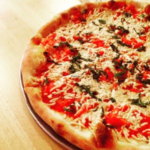 16"; vegan pizza with daiya cheese, tomatoes, and basil at Cantore's Pizza in West Lebanon