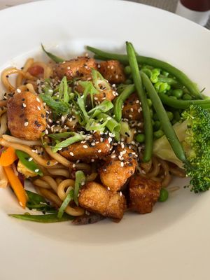 Teryaki tofu with udon noodles at Eat To The Beat in Aylesbury